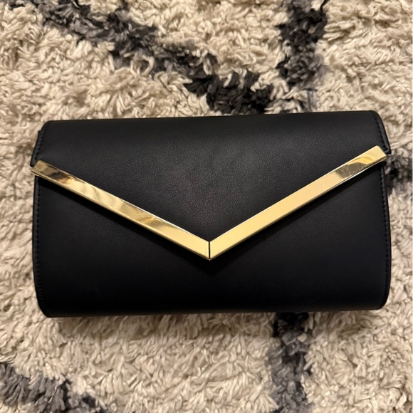 Handbags - Black Clutch and Purse in One with Gold Accent
